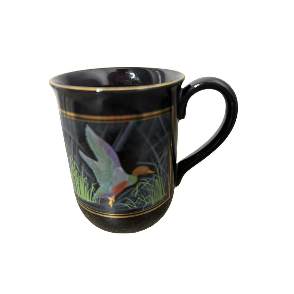 Vintage OTAGIRI JAPAN Landing Mallard DUCK Waterfowl MUG CUP Black Gold Trim L13